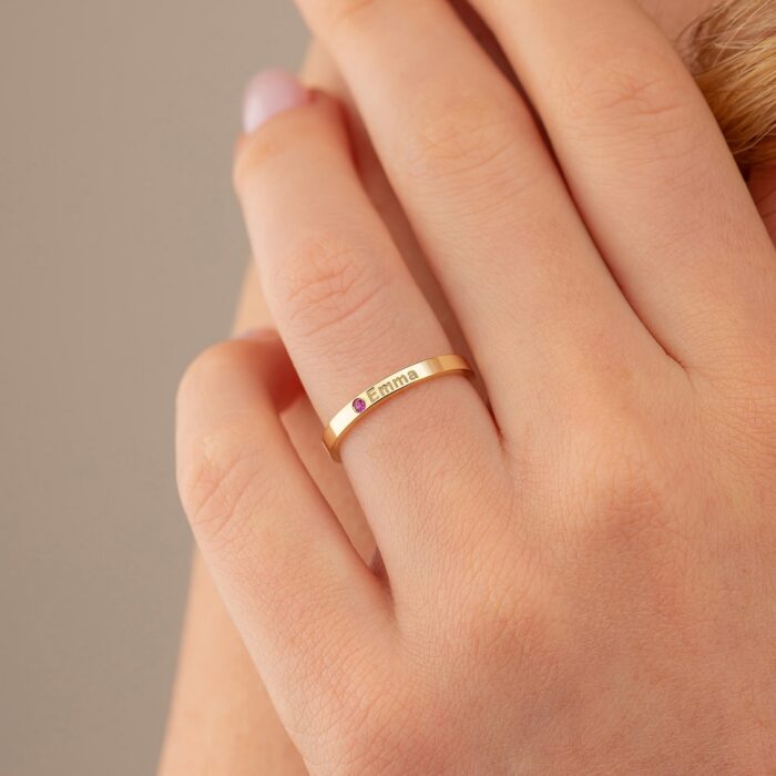 14k Gold Natural Diamond Personalized Ring with Birhtsone 2