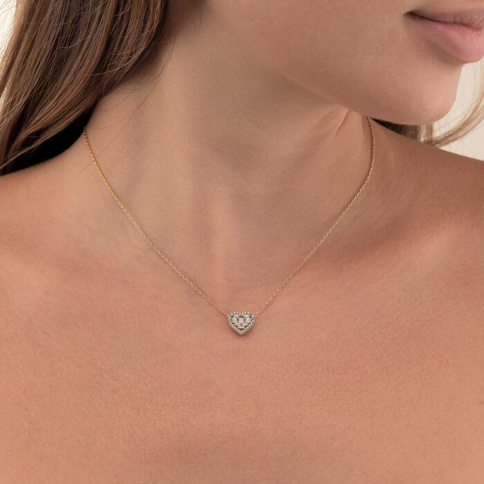 14k Solid Gold Round and Baguette Diamond Mini Heart Necklace 2